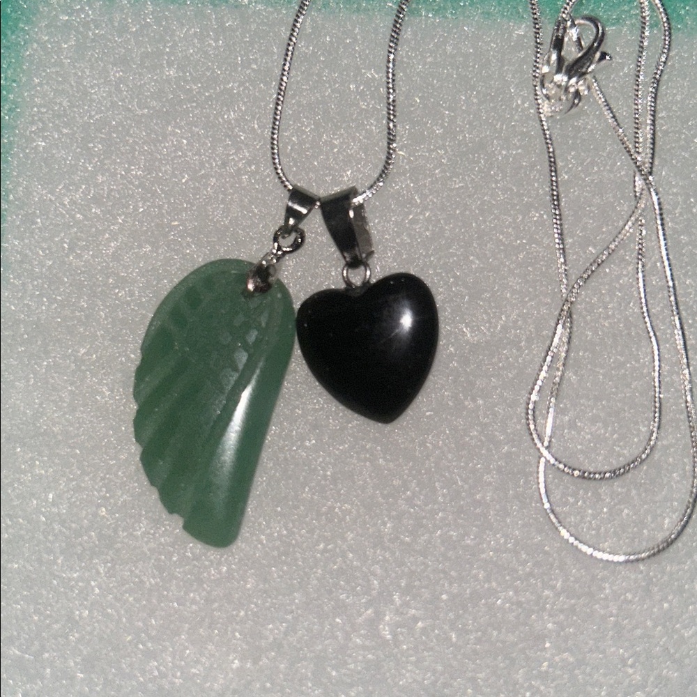 Boho hippie Jade Angel Wing and Onyx Heart Sterling Silver Necklace 16”